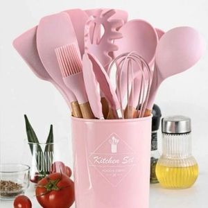 Pink silicone cooking utensil set